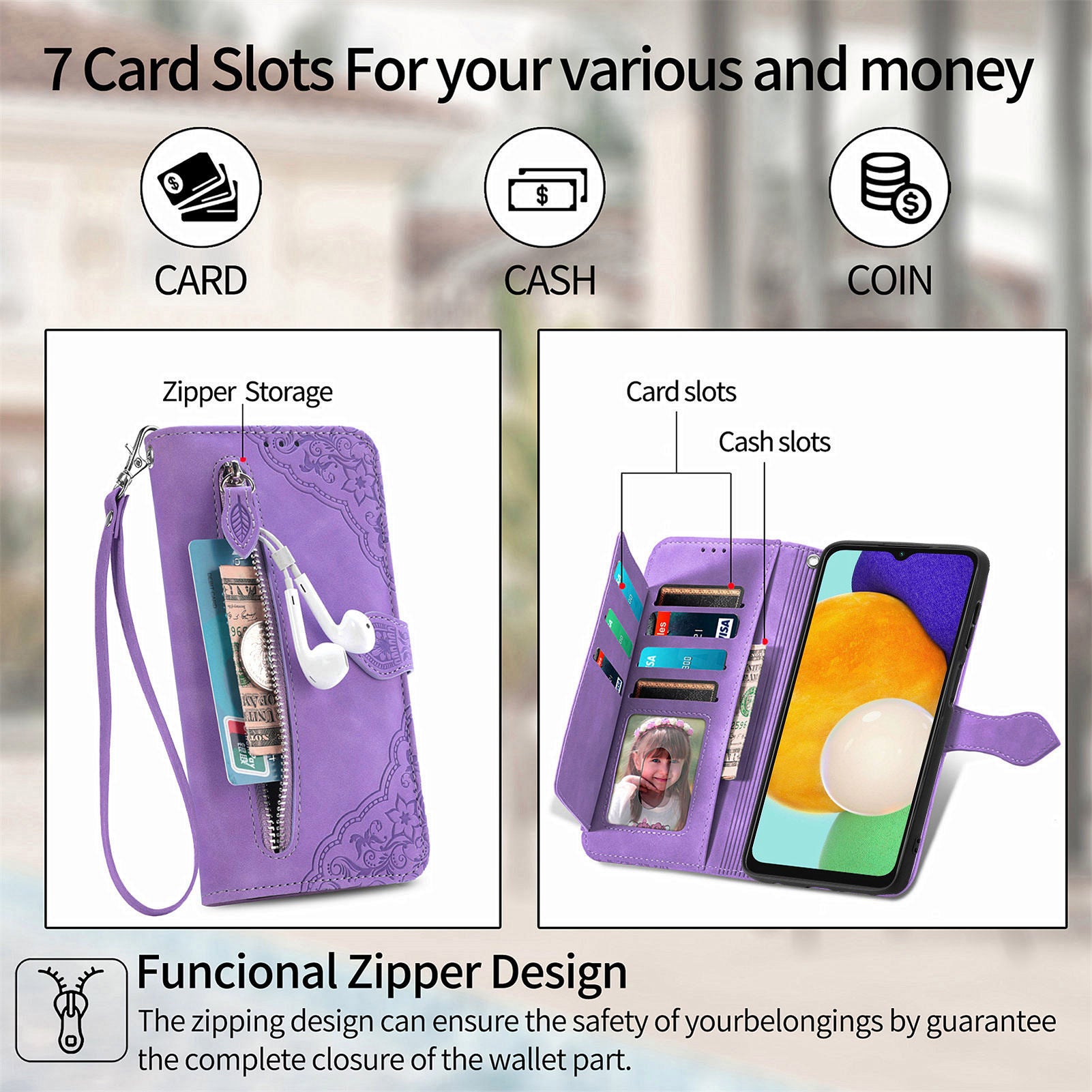 For Samsung Galaxy A04s 4G (164.7 x 76.7 x 9.1 mm) / A13 5G / M13 5G Flower Imprinted Pattern PU Leather Zipper Pocket Cell Phone Cover Stand Wallet Case For Samsung Galaxy A04s 4G (164.7 x 76.7 x 9.1 mm) / A13 5G / M13 5G Flower Imprinted Pattern PU Leather Zipper Pocket Cell Phone Cover Stand Wallet Case